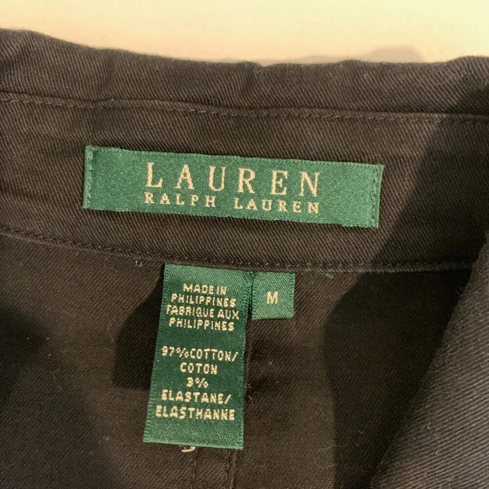 Lauren Ralph Lauren Shirt Womens M Medium Black Puff Sleeve Notch Cropped Top
